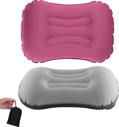 2 stuks opblaasbaar campingreiskussen, 2.0 ultralicht, comfortabel opblaasbaar kussen, nekkussen, comprimeerbaar, compact, voor camping, reizen, buiten, kantoor (rozerood + grijs)