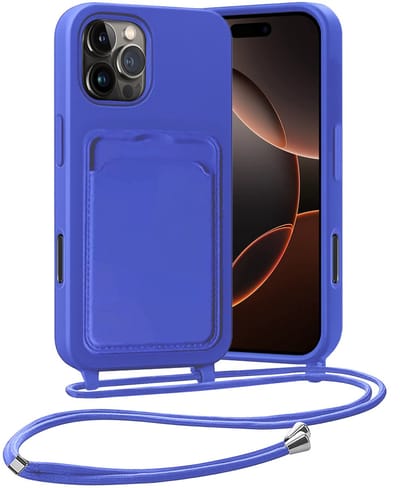 Hoesje Geschikt voor iPhone 16 Pro Hoesje Met Telefoonketting Pasjeshouder Case Koord - Hoesje Geschikt voor iPhone 16 Pro Hoes Met Kaarthouder - Felblauw