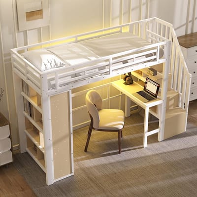 Komhtom Hoogslaper, 90 x 200 cm, stalen frame, met bureau, opbergvak, LED-lichtstrip, trap met opbergruimte, zonder matras, wit