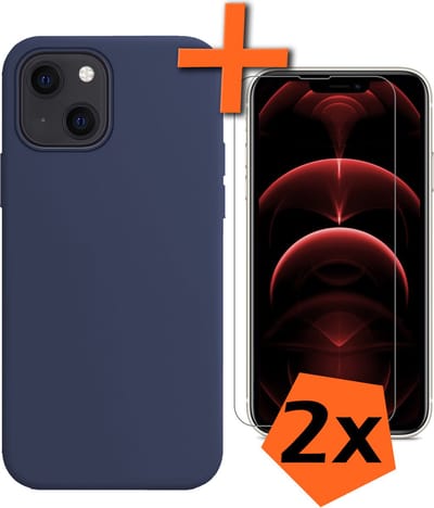 Hoes - Met 2x Screenprotector - Geschikt voor Apple iPhone 14 - Sterk & Shockproof - Back Cover - Siliconen Case - Telefoon Hoes - Donkerblauw
