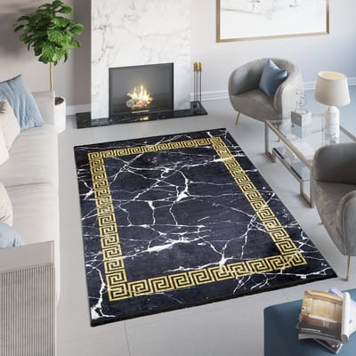 Tapiso Toscana Vloerkleed Kwastjes Zwart Gouden Oriental Tapijt Maat- 200x300