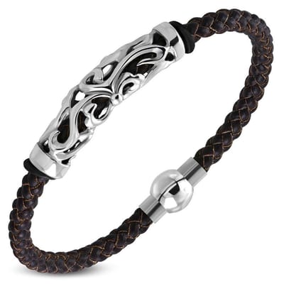 Amanto Armband Bilal - 316L Staal - Leer - Magnetische Sluiting - 11mm - 21cm