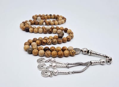 Handgemaakte tesbih "Tasbih" natuursteen "Picture Jasper" - Aantal kralen 99 - Diameter kralen 8MM - met metaal tassel "Cirkels" - Een mooi cadeau-idee