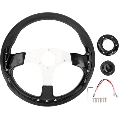 Volant Universel 14 pouces avec Bouton de Klaxon Style Racing PU Aluminium pour Adaptateur de Moyeu de Volant Standard 6 Trous Black gray