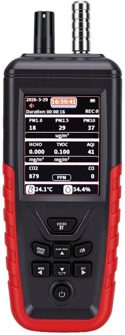 Luchtkwaliteitsmonitor - Luchtmeter Detector - Binnenlucht Analyseren - Zeskanaals Sensor - 2200mAh Batterij - Zwart