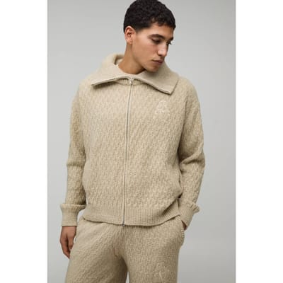 Regular Fit 1/4 Zip Funnel Neck Embroidered Knitted Sweatshirt | Taupe | Size XS