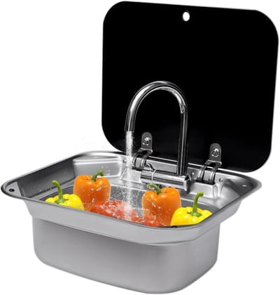Wastafelset Camper - Opvouwbare kraan - Ruimtebesparend Koken - Gehard glazen deksel - 424 x 373 x 15 cm