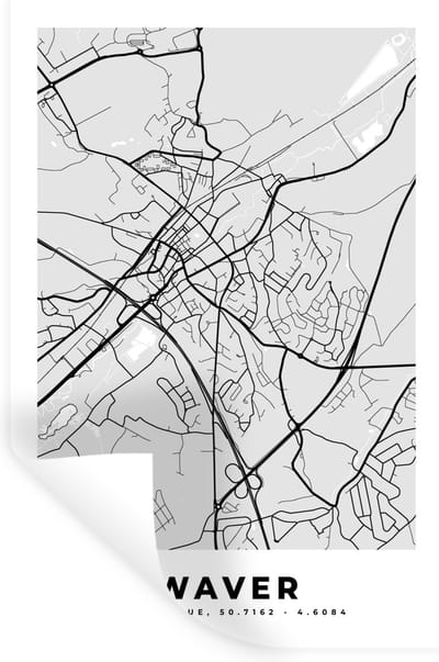 Muurstickers - Sticker Folie - Stadskaart – Zwart Wit - Kaart – Waver – België – Plattegrond - 20x30 cm - Plakfolie - Muurstickers Kinderkamer - Zelfklevend Behang - Zelfklevend behangpapier - Stickerfolie