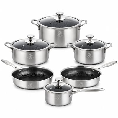 pannenset inductie 10-delig - koekenpannenset RVS Honingraat - Koudgrepen - Anti-aanbak - Royal Swiss®