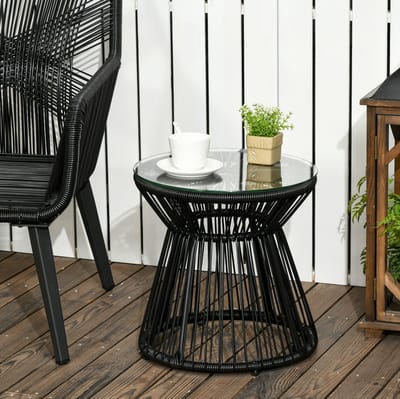 Bistrotafel - Rond Met Gehard Glazen Blad En Boho Design - Voor Balkon, Tuin En Terras - Metaal, Glas En Rotan - 40 x 42 Cm - Zwart