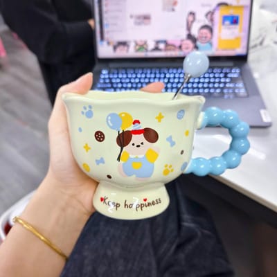 Tasse en céramique mignonne de dessin animé chiot lapin à l'aspect haut de gamme pour couple, tasse à eau, cadeau pour l'anniversaire des filles 380ml