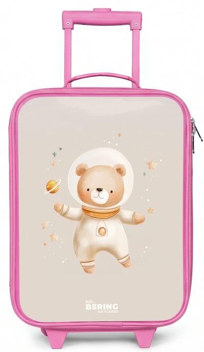 NoBoringSuitcases.com® - Kinderkoffer roze - Kindertrolley meisje - Beige ruimtebeer zweeft tussen sterren - Koffer kind lichtgewicht - Reiskoffer trolley voor kinderen - Koffertje met lichtgevende wieltjes - Rolkoffer
