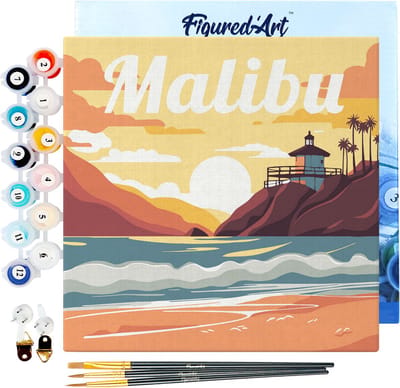 Figured'Art Mini Schilderen op Nummer Volwassenen 20x20cm met lijst Reisposter Malibu - Klein Formaat Creatieve Hobby Kit DIY Art Nummer Compleet