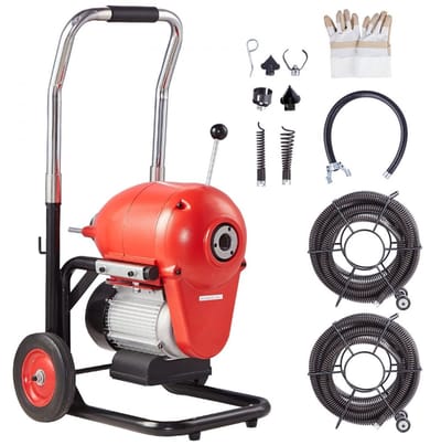 Rioolreinigingsmachine - Elektrische rioolontstopper 1100 W - Kabel 36,6 m Ø3,05 cm - Handmatige invoer - Snijmessen (6 stuks) - Rechts-/linksloop - Voor leidingen 10,2–20,3 cm