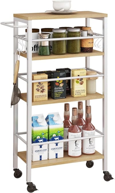Slanke Rolbare Opbergkar - Keukenwagen Smal - Ruimte Organiseren - Met Houten Werkblad - 40 x 20 x 82 cm