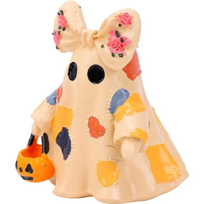 Fantôme Patchwork Vintage Illuminé avec Lanterne Citrouille Résine Fantôme Patchwork Rustique Illuminé Figurine Décoration Étagère pour