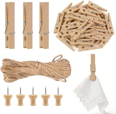 Wasknijpers & 30 houten punaises & 1 rol jute touw, houten wasknijpers, houten knijpers met touw, fototouw met knijpers voor kaarten decoratie foto ophangen