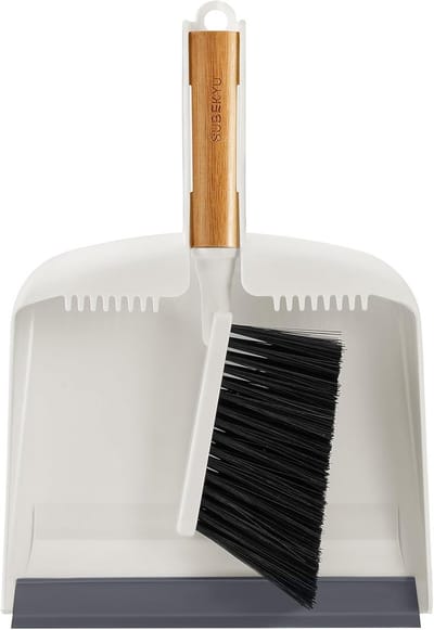 SUBEKYU Stoffer en borstelset met bamboe handvat, hand kleine bezem en stofpan set voor keuken/bureaublad/slaapkamer, wit, 1 set