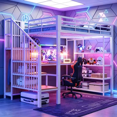 IJzeren Hoogslaper 140 × 200 Cm, Tweepersoonsbed Lang Bureau En Lang Prikbord, Klein Driehoekig Plankje Met Stopcontacten En Ledstrip, Opbergvakken Met Meerdere Niveaus, Hoge Reling-Wit
