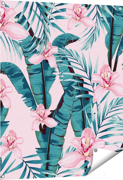 Gards Tuinposter Tropische Roze Zomer Bloemen met Bladeren - 80x100 cm - Tuindoek - Tuindecoratie - Wanddecoratie buiten - Tuinschilderij