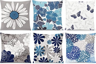 Set van 6 Sierkussenshoezen 40x40 cm - Blauwgrijs Bloemenpatroon - Geschikt voor Binnen en Buiten