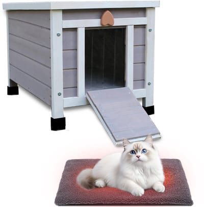 Kattenhuis voor buiten met zelfverwarmingsmat, weerbestendig wildkattenhuis voor buiten, houten klein huisdierhuis en leefruimtes - met mat 42 x 51 x 43 cm (grijs)