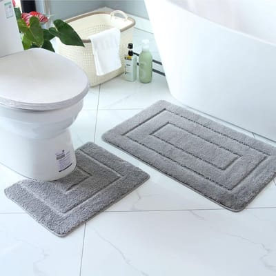 vormige Toiletmat - Voor Badkamer & Toilet - Set van 2 Badmatten - Antislip & Wasbare Microvezel Badmat + U - Zachte & Absorberende Pluche - 50 x 80 cm + 50 x 40 cm - Grijs