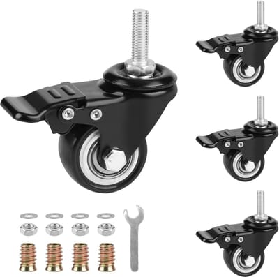 4 Stuks Wielen met Rem M8× 20mm, 40mm Meubelwielen met Rem,Zwenkwielen met Rem, Wielen voor Meubels,Wielen met Schroefdraad, Draagvermogen 50kg per Wiel