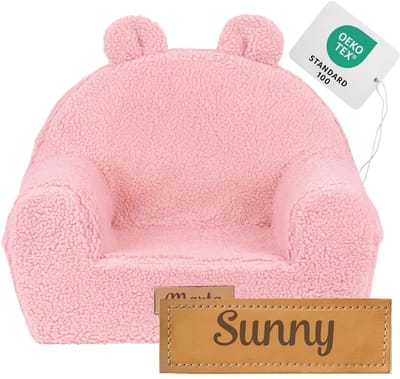 Flumi - Kinderfauteuil - Bouclé kinderstoel roze - Met oortjes - Gepersonaliseerd met naamgravure