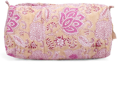 Bambooya make-up tas - Bohemian - Ibiza Style - Made in India - Tassel - zandkleur met roze/paarse bloemen - Small ( 17 x 12 x 7 cm )