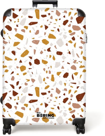NoBoringSuitcases.com® - Koffer groot - Reiskoffer lichtgewicht - Terrazzo patroon veelkleurig oker en roest - Rolkoffer met 4 wielen - Grote trolley XL - 98 liter bagage