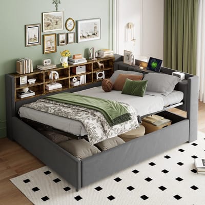 Sweiko Slaapbank - 140 x 200 cm - Opbergruimte - Met bedlampjes - USB / Type-C - Velvet - Grijs