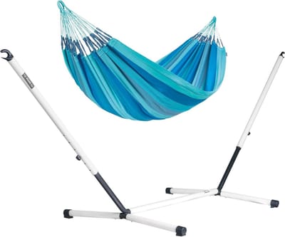 Dubbele hangmat - Hangmat met standaard - Ontspannen in tuin - Biologisch katoen - 230 x 160 cm - Lagoon