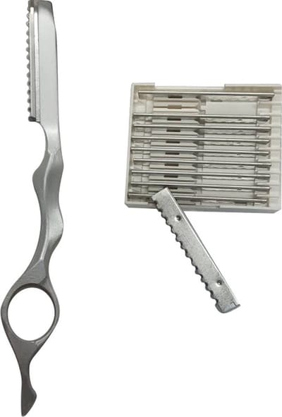 Feather Styling scheermes in zilver + 10 klassieke scheermessen van hoge kwaliteit - gemechaniseerd hoogwaardig staal - Derby professionele enkelzijdige mesjes - Premium kappersmes - hoogwaardig verwisselbaar scheermesje