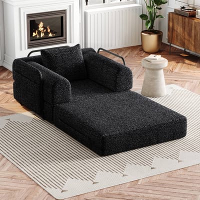 PHOEBE CAT 2-in-1 Slaapbank - Fauteuil - Chenille stof - Metalen frame - Met kussens - Zwart