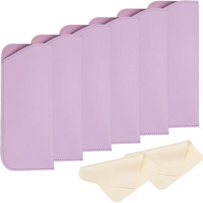 Draagbare leren brillenkoker met 2 reinigingsdoekjes voor zonnebrillen en brillen, lichtpaars, 3 x 6,9 cm