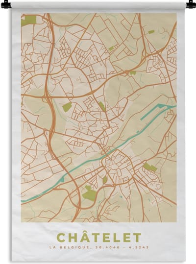 Wandkleed - Wanddoek - Kaart - Stadskaart - Châtelet - België - Plattegrond. - 120x180 cm - Wandtapijt