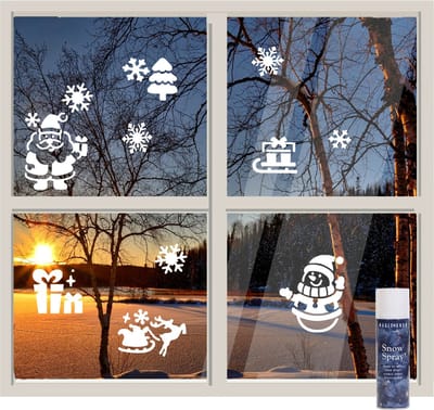 Decoris Kerst raamsjablonen - 2x velletje van 47,5 x 24,5 cm - incl. sneeuwspray - raamversiering