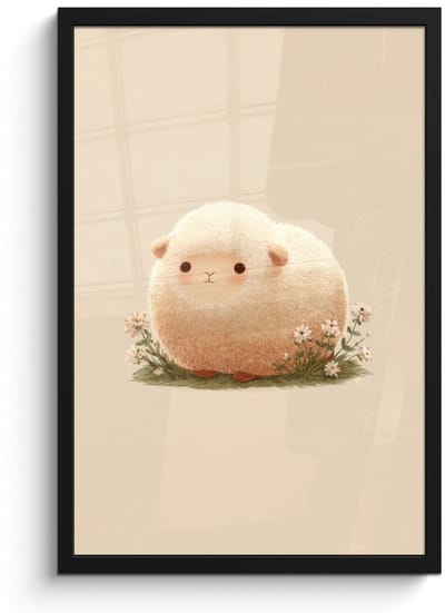 Poster in lijst - Fotolijst 40x60 cm - Posters - Schaap - Beige - Bloemen - Posterlijst zwart - Decoratie - Wanddecoratie woonkamer - Muurdecoratie slaapkamer