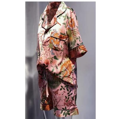 Nieuwe Jungle Tijger Imitatie Zijden Pyjama voor Dames Roze Lange Mouwen Broek Dames Buiten Draagbare Pyjama Tweedelige Set M gray