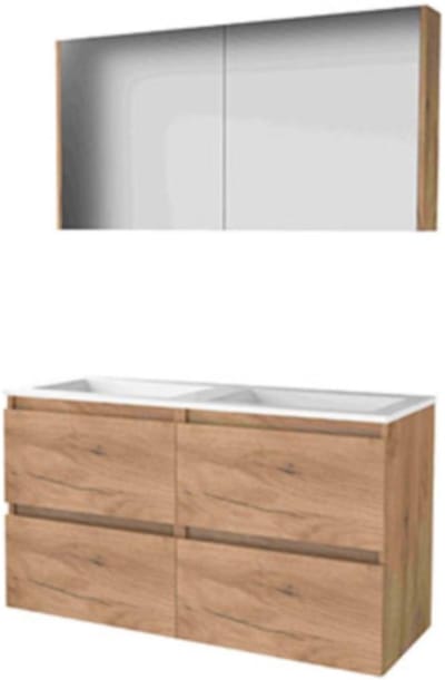 Basic-Line Comfort 46 Badkamermeubelset - 120 x 46 cm - Greeploos - 4 Lades - Acryl Wastafel - Zonder Kraangat - Spiegelkast - Whisky Oak
