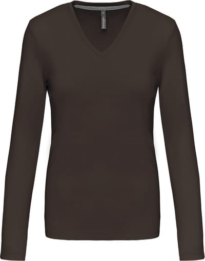Kariban Dames t-shirt V-hals lange mouwen K382 - Chocolate - 3XL