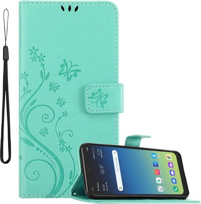 Cadorabo Hoesje geschikt voor LG K40S in BLOEMEN TURKOOIS - Beschermhoes in bloemmotief met magnetische sluiting, standfunctie en kaartsleuven Book Case Cover Etui