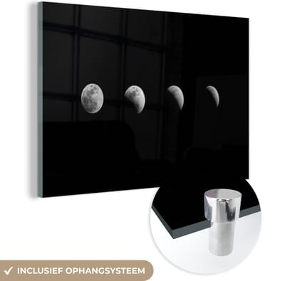 MuchoWow® Glasschilderij 150x100 cm - Schilderij acrylglas - Zwart - Wit - Maan - Maanfase - Ruimte - Foto op glas - Schilderijen