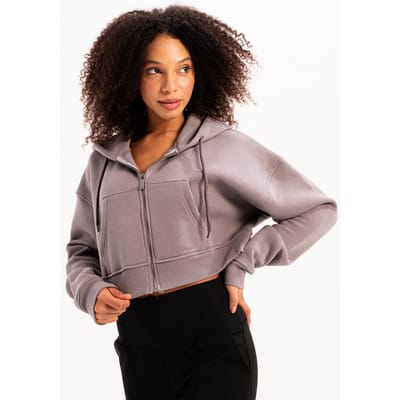 JUSTEVER Crop Hooded Hooded Zippered Kangaroo Pocket Raised Hoodie Gray Women's Sweatshirt - Lumen
