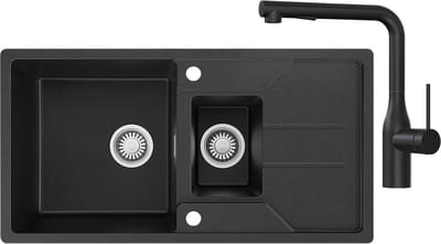 CECIPA max Spoelbak voor keuken 86x45CM - Granieten Keuken - 1.5 Spoelbakken Keuken Met Keukenkraan met Uittrekbare Uitloop - Gootsteen Met Waterafvoersysteem - Wasbak Keuken - Krasvast en Hittebestendig - Zwart