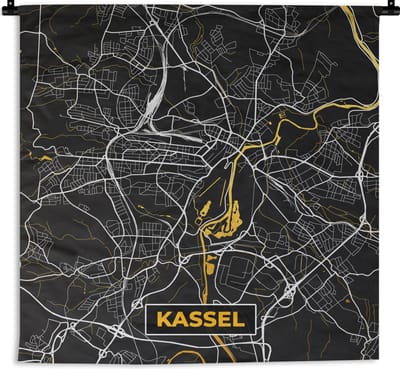Wandkleed - Wanddoek - Kassel - Duitsland - Kaart - Plattegrond - Stadskaart - Goud - 180x180 cm - Wandtapijt