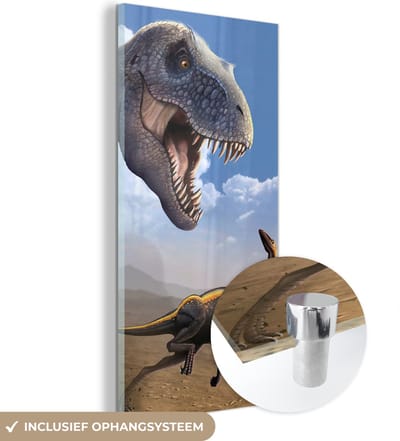 MuchoWow® Glasschilderij 60x120 cm - Schilderij acrylglas - Dino - Wilde dieren - Tekening - Kinderen - Jongens - Kinderen - Foto op glas - Schilderijen