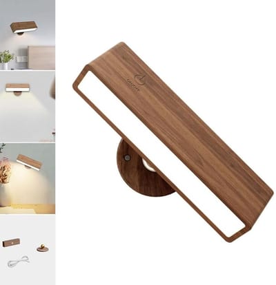 KZQ Wandlamp - nachtlampje - bedlamp - wandlamp op batterijen - houten wandlamp voor de slaapkamer - magnetische wandlamp - 360° draaibaar - geschikt voor slaapkamers, woonkamers en naast het bed - walnootkleur