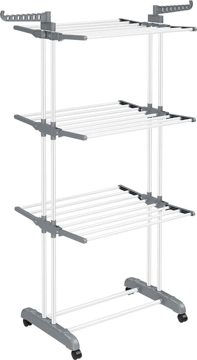 Droogrek - Staand droogrek - 4 niveaus - Vleugelwasrek - Opvouwbare vleugels - Met wielen - 64 x 126 x 172 cm - Grijs